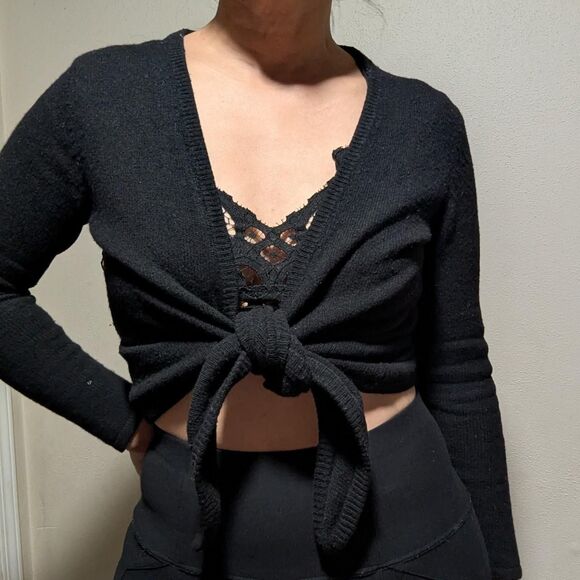 Vintage 90s y2k Women's Wool Angora Cashmere Small Black Tie-Front Cardigan - Picture 7 of 8